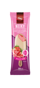 CBA NUKY. Mrazený krém s rastlinným tukom s jahodovou príchuťou v bielej poleve 100 ml
